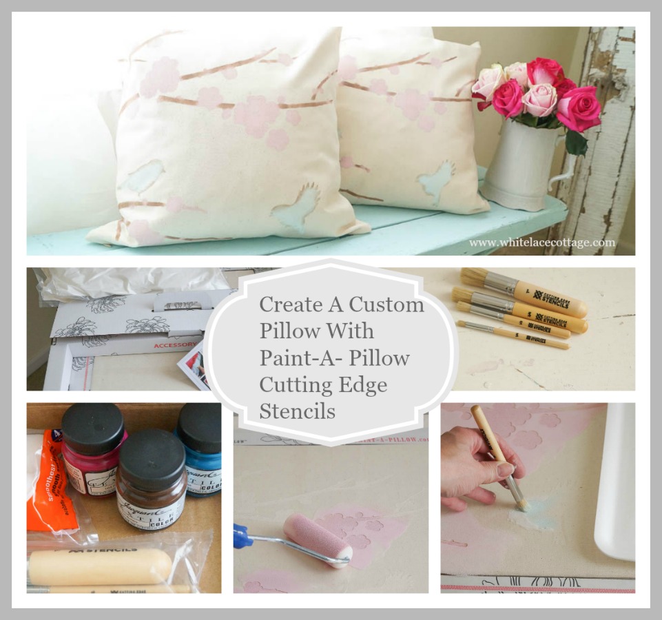 create a custome pillow with paint-a-pillow cutting edge stencils white lace cottage