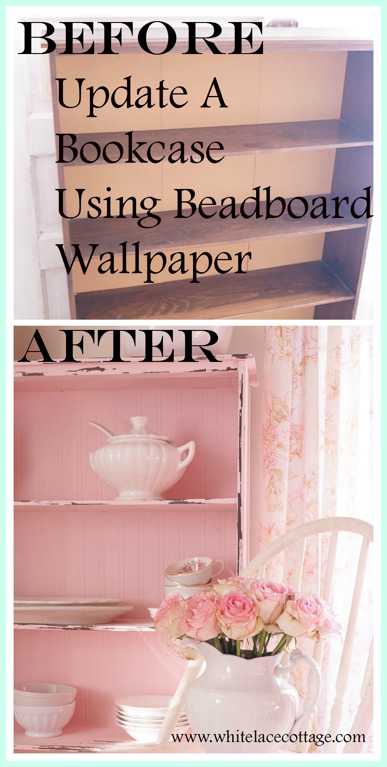 Updating a bookcase with beadboard wallpaper is so simple to do, and a great way to update a cheap piece of furniture!