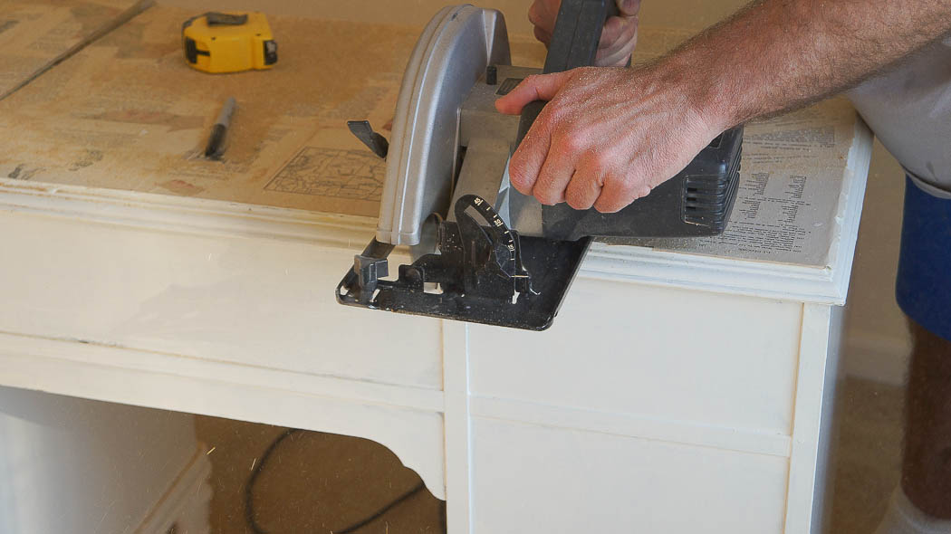 Repurpose a desk into two side tables