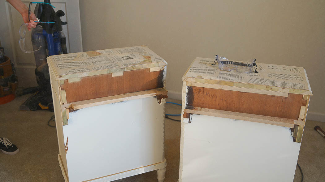 Repurpose a desk into two side tables