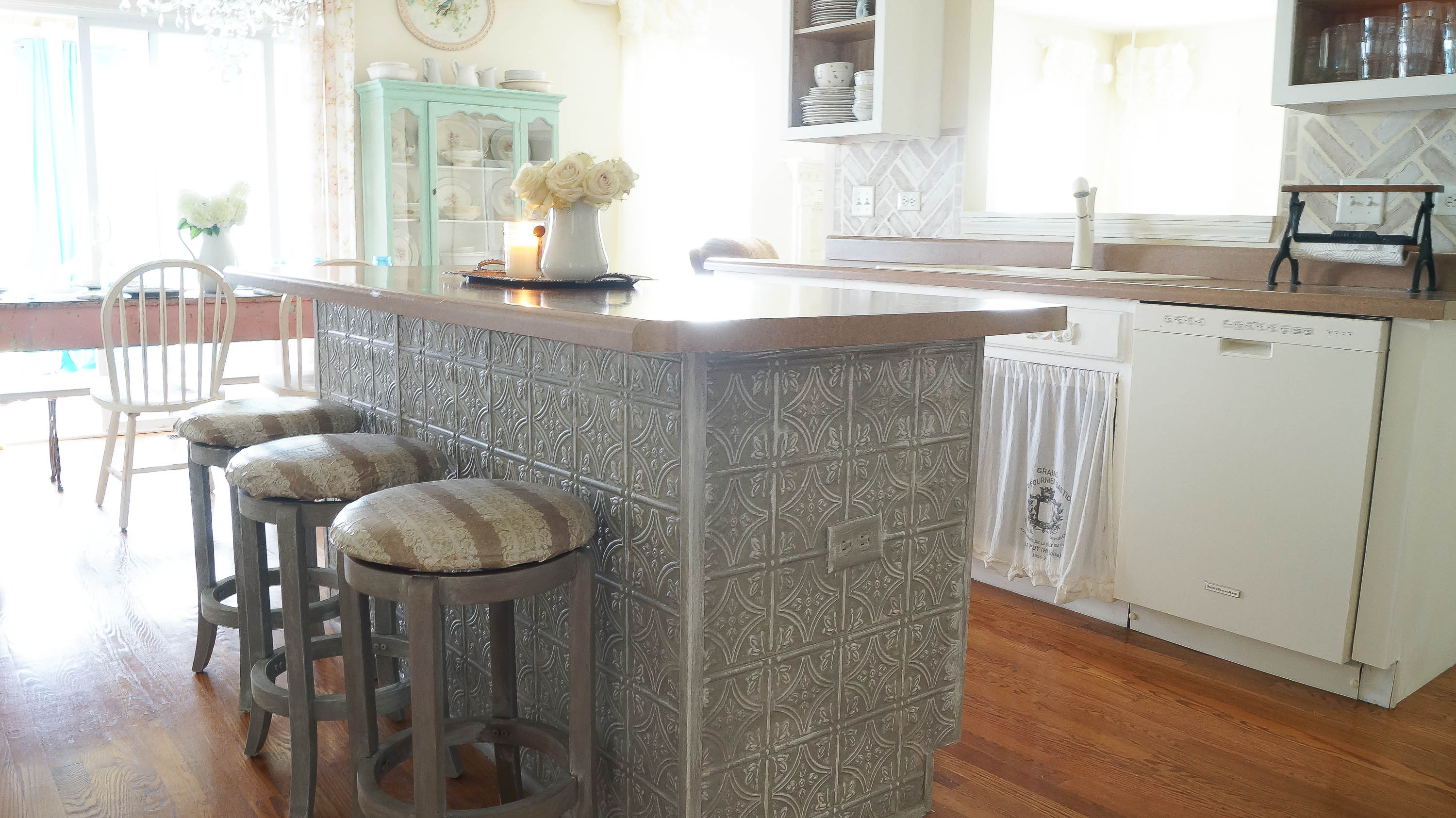 Faux Tin Ceiling Tiles Kitchen Island - White Lace Cottage